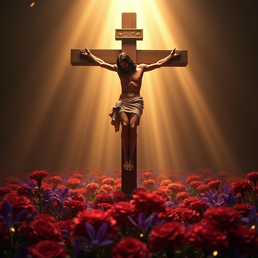 Cristo crucificado con claveles rojos y lirios púrpuras
